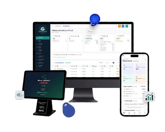 Gym Gestion — dashboard desktop, kiosque NFC et vue mobile